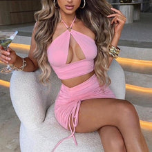 Load image into Gallery viewer, Pink halter top skirt club outfit for summer.
